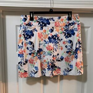 Floral Mini Skirt in White with Blue & Coral Blooms